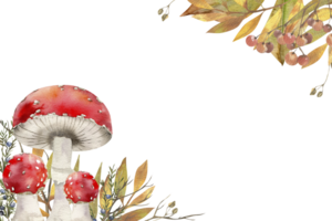 Autumn forest floral banner with red agaric mushrooms, berries and colorful leaves. Hand drawn botanical frame with fungus and leaves for fall season poster, packing, card design png