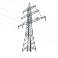 Highvoltage power transmission tower with multiple power lines against a black background png