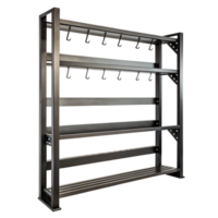 HeavyDuty Industrial Metal Storage Rack with Multiple Shelves and Hooks png