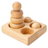 Wooden Stacking Toy with Four Interlocking Rings and Three Separate Balls on a Base png