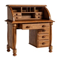 Wooden Roll Top Desk with Multiple Drawers and Compartments png