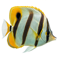 Striking image of a vibrant and colorful fish, likely a butterflyfish species, showcasing its intricate patterns and bright yellow and black markings png