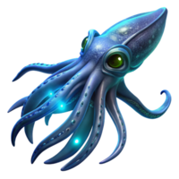 elegant artistic A giant squid swimming through the deep ocean, illuminated by bioluminescent creatures. Rendered in a mysterious, dark fantasy style 4K png