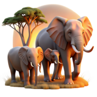 extraordinary minimalist A family of elephants walking across the African savanna, illuminated by the warm light of sunset. Rendered in a serene, realistic style high resolution png