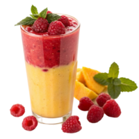 Delicious Two Layered Raspberry and Mango Smoothie in a Glass with Fresh Raspberries and Mint png