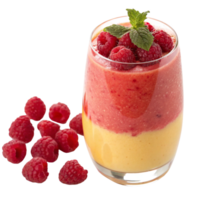 Delicious Layered Raspberry and Mango Smoothie with Fresh Raspberries and Mint Garnish png