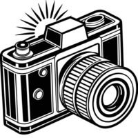 Black and White Sketch of a Camera with Flash on White Background vector