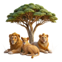 elegant contemporary A majestic lion pride resting in the shade of an acacia tree, illuminated by the warm, hazy light of midday, in a classic wildlife painting style professional png
