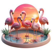 dramatic traditional A group of flamingos wading in a shallow lake, illuminated by the warm, pink hues of sunset, in a vibrant, impressionistic painting style premium png