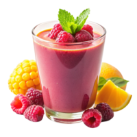 Delicious Raspberry Orange and Corn Smoothie in a Glass with Fresh Fruit Garnish png