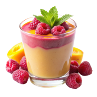 Delicious Layered Raspberry and Apricot Smoothie in a Glass with Fresh Raspberries and Mint png