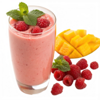 Delicious Raspberry Mango Smoothie in a Glass with Fresh Raspberries and Mint png