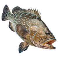 Closeup of a Spotted Grouper Fish with Open Mouth Showing Teeth and Fins png