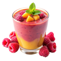 Delicious layered mango and raspberry smoothie in a glass with fresh raspberries png