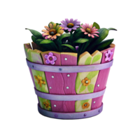 Charming Decorated Wooden Flower Pot with Colorful Flowers png
