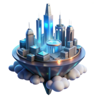 dramatic abstract A futuristic, bioluminescent city floating among the clouds, glowing with soft, pulsating lights, rendered in a sleek, cyberpunk style high resolution png