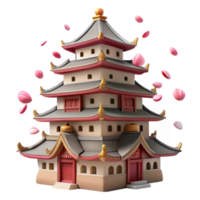 extraordinary classic A traditional Japanese castle with multiple tiered roofs, cherry blossoms falling around it, soft, diffused light, rendered in a serene, Ukiyo-e style exclusive png