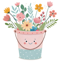 Adorable cartoon bucket overflowing with a delightful array of colorful flowers and leaves png