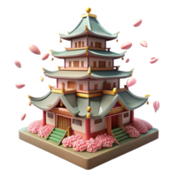 wonderful rustic A traditional Japanese castle with multiple tiered roofs, cherry blossoms falling around it, soft, diffused light, rendered in a serene, Ukiyo-e style exclusive png