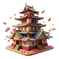 wonderful traditional A traditional Japanese castle with multiple tiered roofs, cherry blossoms falling around it, soft, diffused light, rendered in a serene, Ukiyo-e style high quality png
