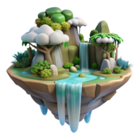 wonderful artistic A floating island with waterfalls cascading down its sides, lush vegetation covering its surface, rendered in a fantastical, dreamlike style exclusive png