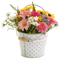 Lovely pastel pink and green polka dot bucket overflowing with a vibrant summer flower arrangement png
