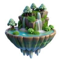 wonderful minimalist A floating island with waterfalls cascading down its sides, lush vegetation covering its surface, rendered in a fantastical, dreamlike style detailed png