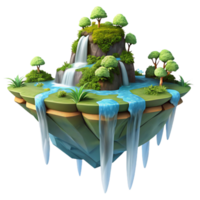 vibrant creative A floating island with waterfalls cascading down its sides, lush vegetation covering its surface, rendered in a fantastical, dreamlike style high resolution png
