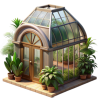 stunning vintage A Victorian greenhouse filled with exotic plants, soft sunlight streaming through the glass panes, rendered in a botanical illustration style 4K png