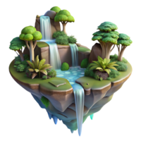 serene vintage A floating island with waterfalls cascading down its sides, lush vegetation covering its surface, rendered in a fantastical, dreamlike style premium png
