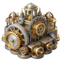 dramatic vintage An intricate, clockwork city with gears and cogs visible throughout, steampunk elements, rendered in a detailed, mechanical style high resolution png