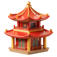 vibrant minimalist A traditional Chinese pagoda with intricate red and gold detailing, surrounded by mist, rendered in a serene, classical style high quality png