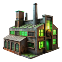 magnificent traditional An abandoned factory with rusted metal and broken windows, eerie green light filtering through the cracks, rendered in a dystopian, post-apocalyptic style authentic png