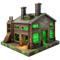 magnificent minimalist An abandoned factory with rusted metal and broken windows, eerie green light filtering through the cracks, rendered in a dystopian, post-apocalyptic style high quality png