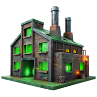 vibrant contemporary An abandoned factory with rusted metal and broken windows, eerie green light filtering through the cracks, rendered in a dystopian, post-apocalyptic style genuine png
