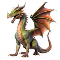 A digitally rendered image of a friendly green dragon with large brown wings sitting on a black background png
