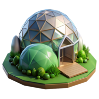 impressive abstract A geodesic dome house nestled in a lush green valley, soft sunlight illuminating the structure, rendered in a futuristic, eco-friendly style 4K png