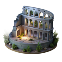 beautiful artistic A Roman amphitheater with crumbling walls and overgrown vegetation, soft moonlight casting long shadows, rendered in a haunting, historical style detailed png