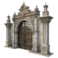 Ornate Stone Archway Gate with Intricate Wooden Doors and Architectural Details png