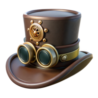 beautiful rustic A steampunk top hat, adorned with gears and goggles, dark leather band, dramatically lit, cinematic style exclusive png
