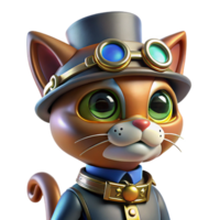 dramatic abstract A steampunk cat, wearing a small top hat and goggles, robotic enhancements, brightly lit, whimsical style high quality png