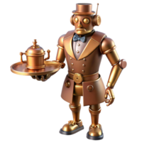 serene abstract A steampunk robot butler, polished brass and copper body, serving tea, softly lit, whimsical style high quality png