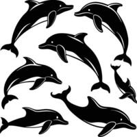 Majestic Silhouette of Dolphins Leaping through Azure Waters vector