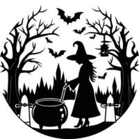 Mysterious Witch s Silhouette by a Cauldron in a Dark and Eerie Forest vector
