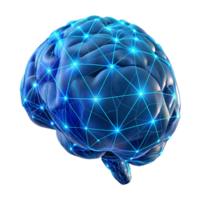 serene creative A holographic projection of a human brain, intricately detailed with neural pathways illuminated by pulsing blue light, in a low-poly, wireframe style high quality png