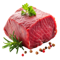 Closeup of a Raw Red Beef Steak Garnished with Parsley and Rosemary and Peppercorns png