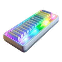 vibrant classic A transparent, levitating keyboard with keys made of light beams, illuminated by a rainbow gradient, in a minimalist, futuristic style premium png