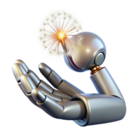serene minimalist A chrome robotic hand delicately holding a single dandelion seed, lit by a soft, warm, Rembrandt light high resolution png