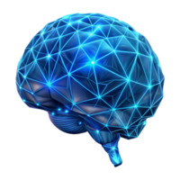 dramatic modern A holographic projection of a human brain, intricately detailed with neural pathways illuminated by pulsing blue light, in a low-poly, wireframe style premium png
