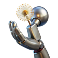 vibrant traditional A chrome robotic hand delicately holding a single dandelion seed, lit by a soft, warm, Rembrandt light 4K png